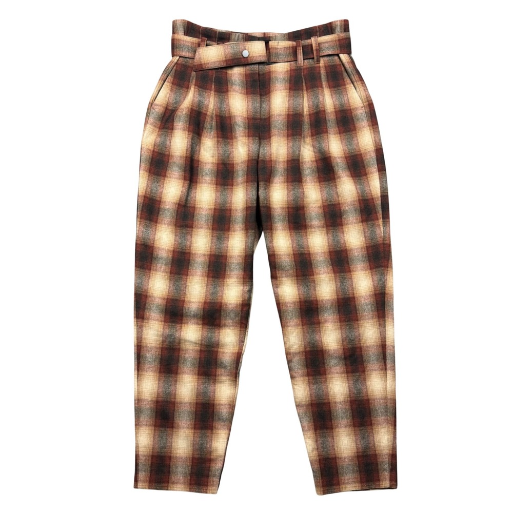 Brown Plaid Wool Blend Pants Women 30x26 High Waisted Pleated Belted Tapered